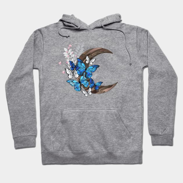 Blue butterflies on wooden crescent Hoodie by Blackmoon9